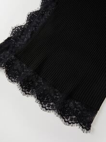 SHEIN Contrast Lace Split Thigh Knit Skirt - Black - View 4