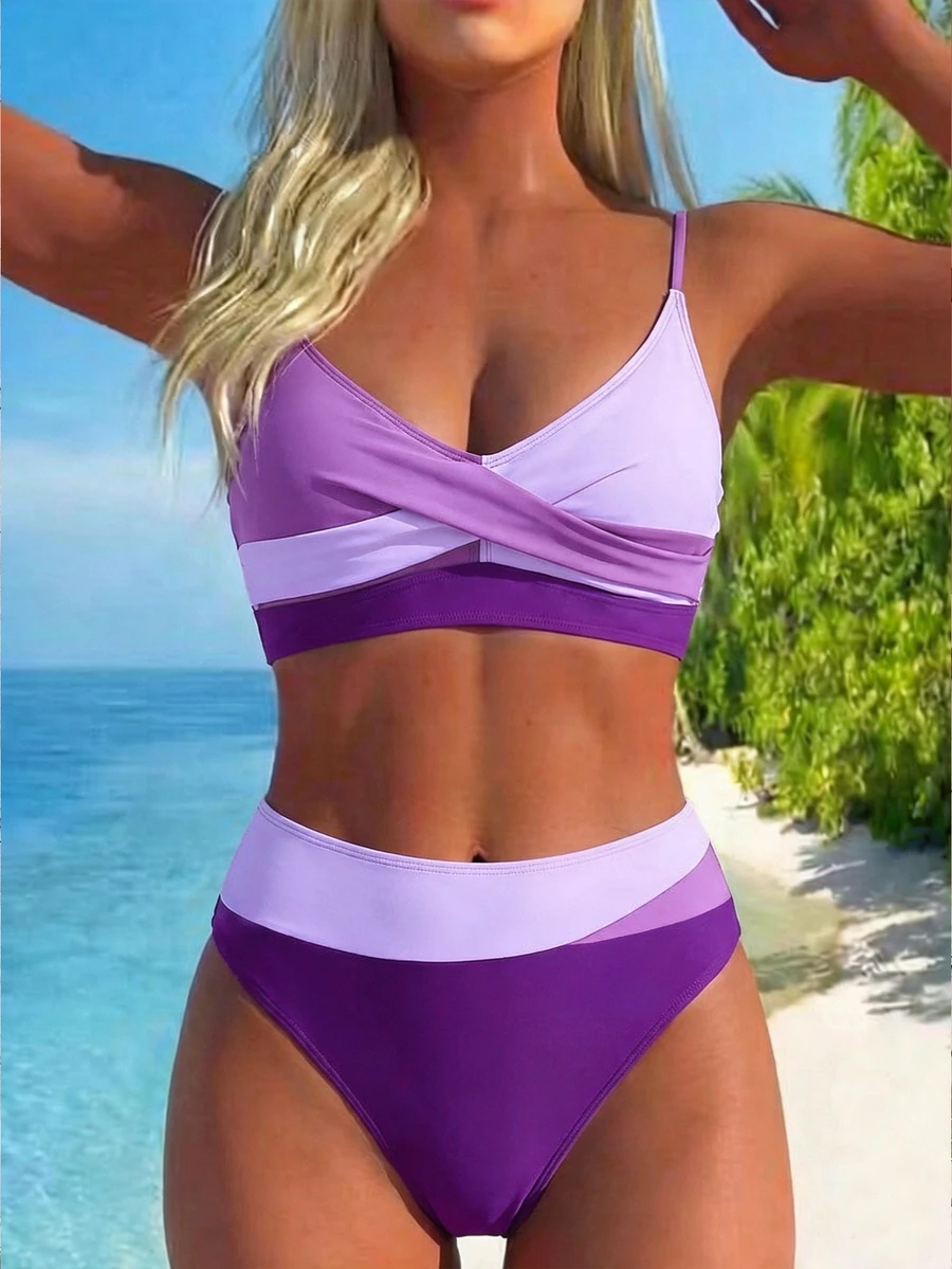 SHEIN Swim Women Summer Beach Color-Block Spaghetti Strap Bikini Set - Multicolor - View 1
