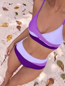 SHEIN Swim Women Summer Beach Color-Block Spaghetti Strap Bikini Set - Multicolor - View 4