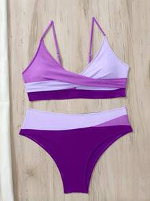 SHEIN Swim Women Summer Beach Color-Block Spaghetti Strap Bikini Set - Multicolor - View 5