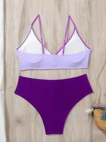 SHEIN Swim Women Summer Beach Color-Block Spaghetti Strap Bikini Set - Multicolor - View 3