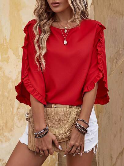 EMERY ROSE Women's Red Summer Elegant Brunch Christmas New Year Crewneck Sweater,Ruffle Trim Three-Quarter Sleeve Loose Fit Redwood Daily Top