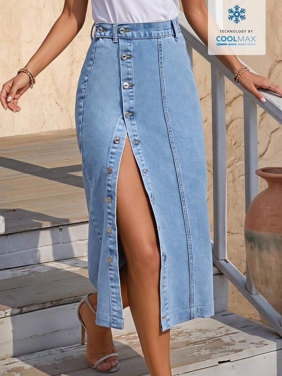 EMERY ROSE Coolmax Front Button Denim Skirt - Blue - View 1