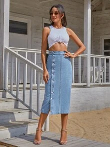 EMERY ROSE Coolmax Front Button Denim Skirt - Blue - View 4