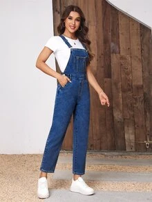 EMERY ROSE Minimalist Denim Jumpsuit, Suitable For Summer - Medium Wash - View 6
