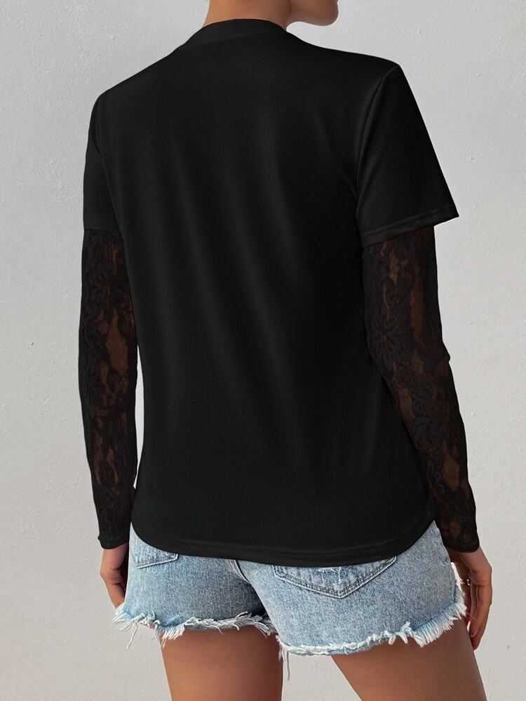 EMERY ROSE Lace Sheer Long Sleeve T-Shirt, Minimalist & Fashionable, Suitable For Summer Fall Cloth For Women - Black - View 2