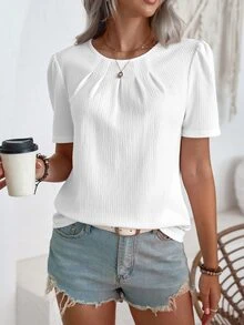 EMERY ROSE Puff Short Sleeve Blouse With Round Neckline,Short Sleeve Tops - White - View 6