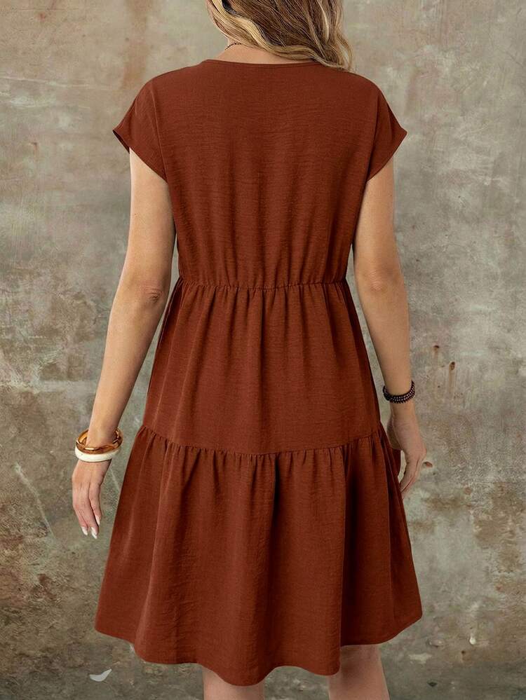 EMERY ROSE Spring/Summer Casual Boho Everyday Picnic Vacation Outing Linen-Like Rust Brown Short Sleeve Round Neck Mid-Length Dress For Women Picnic Vacation - Redwood - View 3