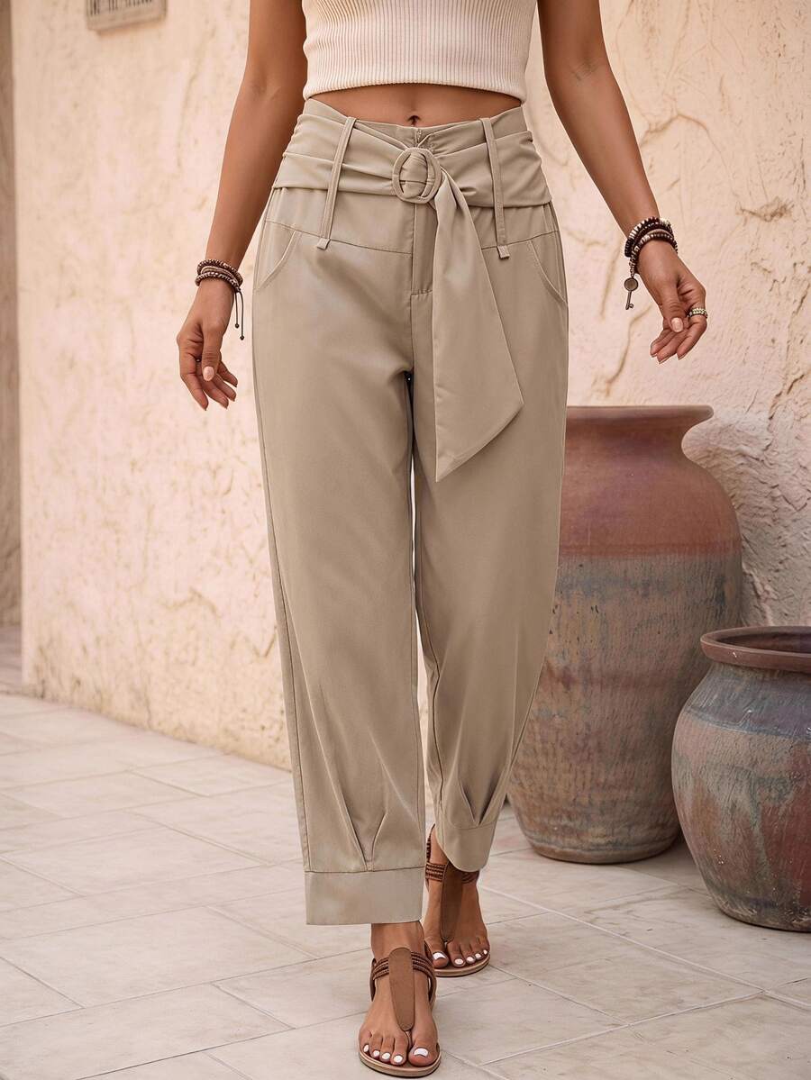 EMERY ROSE Women Pants Berikat Kantong Paper Bag Pants Plain Casual - Khaki - View 1