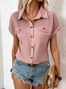 EMERY ROSE Women Summer Solid Color Pleated Batwing Short-Sleeved Casual Shirt,Short Sleeve Tops - Dusty Pink - View 4