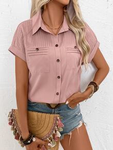 EMERY ROSE Women Summer Solid Color Pleated Batwing Short-Sleeved Casual Shirt,Short Sleeve Tops - Dusty Pink - View 5