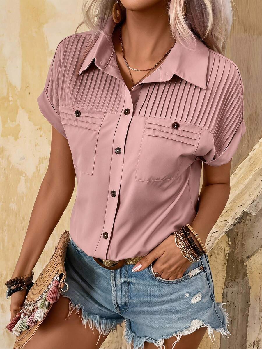 EMERY ROSE Women Summer Solid Color Pleated Batwing Short-Sleeved Casual Shirt,Short Sleeve Tops - Dusty Pink - View 1