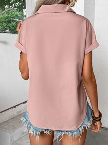 EMERY ROSE Women Summer Solid Color Pleated Batwing Short-Sleeved Casual Shirt,Short Sleeve Tops - Dusty Pink - View 2