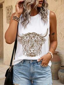 SHEIN Casual Boho Bull Head Print Round Neck Tank Top Vacation White Summer - White - View 1