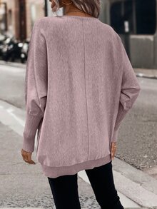 EMERY ROSE 秋冬款时尚休闲百搭宽松蝙蝠袖圆领套头毛衣 - 藕粉色 - 查看 2