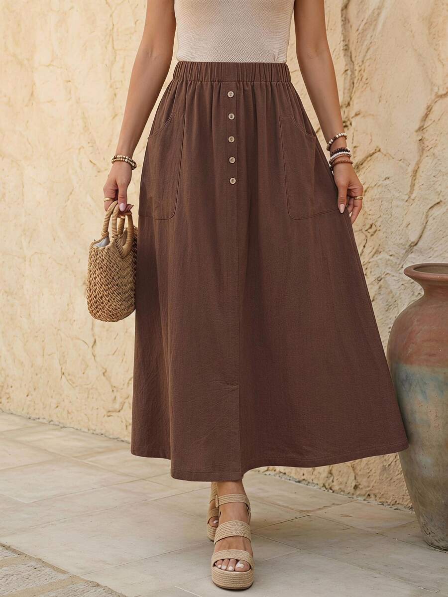EMERY ROSE Women's Solid Color Button Design Pocket Casual 70s 90s Skirt Holiday Vacation Coffee Brown Summer - Brown - View 1