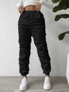 EMERY ROSE Women's Elastic Waist Wrinkle Pants Fall Cloth For Women - Black - View 3