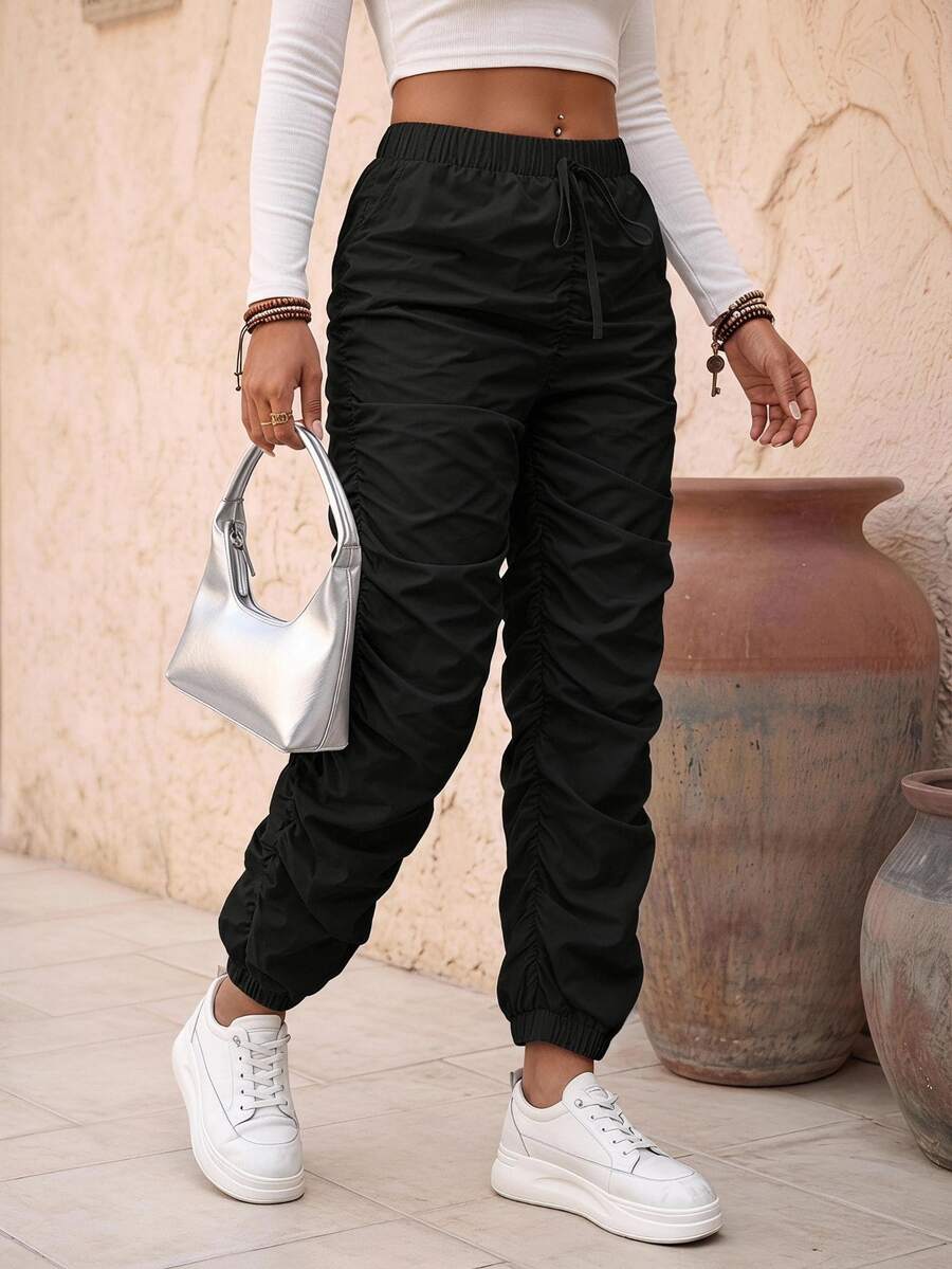 EMERY ROSE Women's Elastic Waist Wrinkle Pants Fall Cloth For Women - Black - View 1