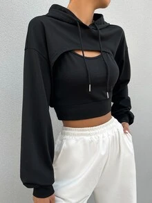 SHEIN Drop Shoulder Drawstring Super Crop Hoodie & Top Graduation,Teacher,Back To School Pullover Fall - Black - View 3
