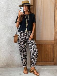 EMERY ROSE Women's Solid Color Top All-Over Print Pants 2 Pieces Set, Casual Summer Outfit Vacation Black Tan - Multicolor - View 8