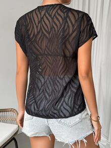 SHEIN Ladies' V-Neck Jacquard Blouse,Short Sleeve Tops - Black - View 2
