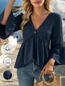 EMERY ROSE Kemeja Kasual Wanita Lengan Ruffle Leher V Warna Putih - Navy Blue - View 3