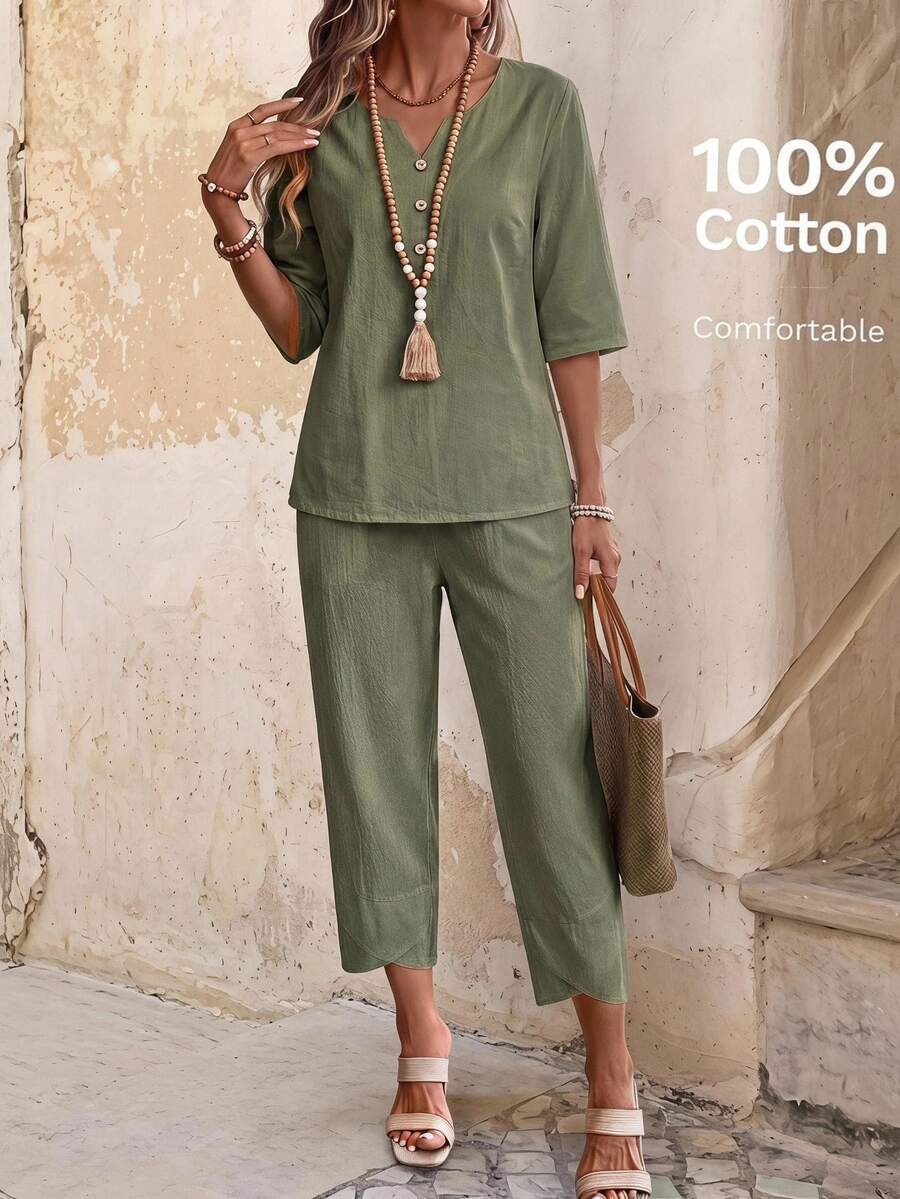EMERY ROSE Women's Vacation Solid Color V-Neck Shirt And 3/4 Pants Set,Vacation Outfits Women - Green - View 1
