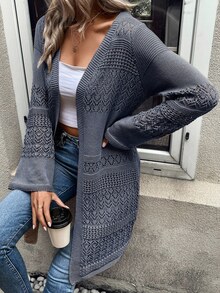 EMERY ROSE Women's Minimalist Hollow-Out Knitted Cardigan, Versatile For Autumn/Winter - Grey - View 5