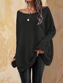 EMERY ROSE Boat Neck Lace Up Cuff Batwing Sleeve Sweater Without Belt,Long Sleeve Tops Knit Pullover Fall Winter - Black - View 1