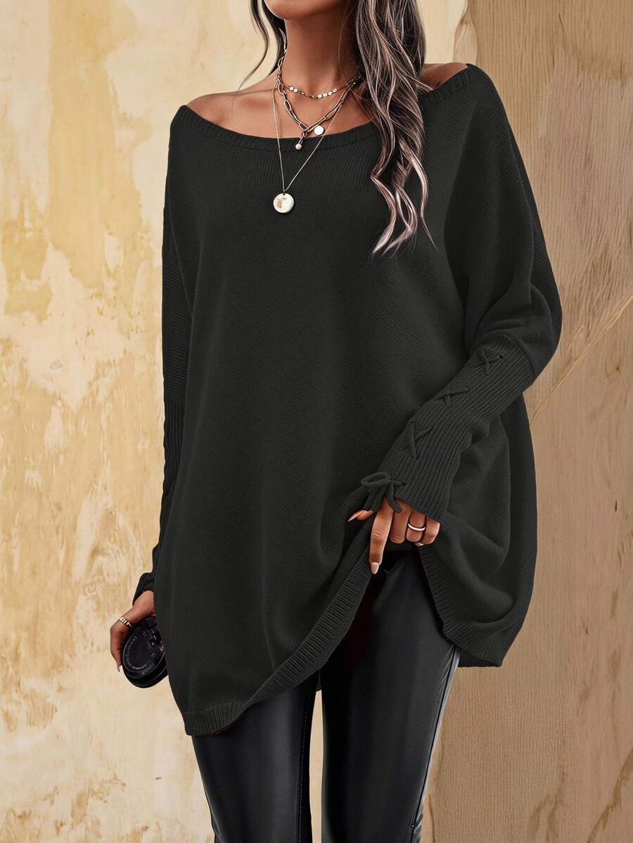 EMERY ROSE Boat Neck Lace Up Cuff Batwing Sleeve Sweater Without Belt,Long Sleeve Tops Knit Pullover Fall Winter - Black - View 1