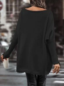 EMERY ROSE Boat Neck Lace Up Cuff Batwing Sleeve Sweater Without Belt,Long Sleeve Tops Knit Pullover Fall Winter - Black - View 2