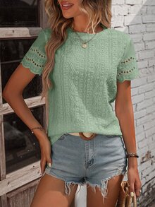 EMERY ROSE Women Scorch Print & Embroidery Decor Round Neck Short Sleeve Casual T-Shirt - Green - View 7
