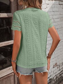 EMERY ROSE Women Scorch Print & Embroidery Decor Round Neck Short Sleeve Casual T-Shirt - Green - View 2