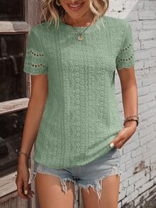 EMERY ROSE Women Scorch Print & Embroidery Decor Round Neck Short Sleeve Casual T-Shirt - Green - View 5