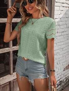 EMERY ROSE Women Scorch Print & Embroidery Decor Round Neck Short Sleeve Casual T-Shirt - Green - View 6