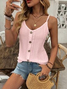 EMERY ROSE 女士时尚镂空提花纹理无袖上衣，波西米亚风纽扣吊带背心针织背心粉色上衣女士毛衣背心针织上衣女士吊带背心 - 粉色 - 查看 7