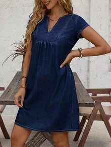 EMERY ROSE Women Casual Loose Denim Dress With V-Neck, Straight,New Autumn Arrivals Vacation Dark Blue - Dark Wash - View 5