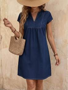 EMERY ROSE Women Casual Loose Denim Dress With V-Neck, Straight,New Autumn Arrivals Vacation Dark Blue - Dark Wash - View 1