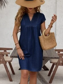 EMERY ROSE Women Casual Loose Denim Dress With V-Neck, Straight,New Autumn Arrivals Vacation Dark Blue - Dark Wash - View 6