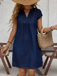 EMERY ROSE Women Casual Loose Denim Dress With V-Neck, Straight,New Autumn Arrivals Vacation Dark Blue - Dark Wash - View 3