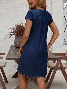 EMERY ROSE Women Casual Loose Denim Dress With V-Neck, Straight,New Autumn Arrivals Vacation Dark Blue - Dark Wash - View 2