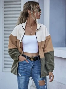 EMERY ROSE Color-Block Zip Up Drawstring Hem Jacket Fall Winter Cloth For Women - Multicolor - View 5