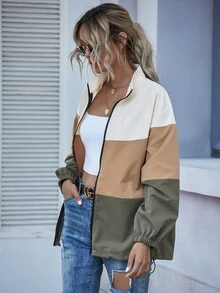 EMERY ROSE Color-Block Zip Up Drawstring Hem Jacket Fall Winter Cloth For Women - Multicolor - View 3