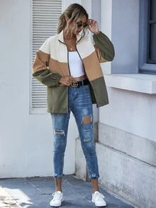 EMERY ROSE Color-Block Zip Up Drawstring Hem Jacket Fall Winter Cloth For Women - Multicolor - View 4