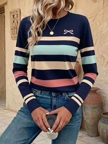 EMERY ROSE Women's Long Sleeve T-Shirt, Mature Striped Pattern Print Top, Classic Design, Versatile, Suitable For Daily Wear And Outdoor, Autumn - Multicolor - View 1