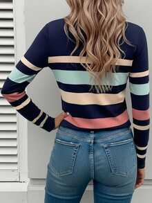 EMERY ROSE Women's Long Sleeve T-Shirt, Mature Striped Pattern Print Top, Classic Design, Versatile, Suitable For Daily Wear And Outdoor, Autumn - Multicolor - View 2