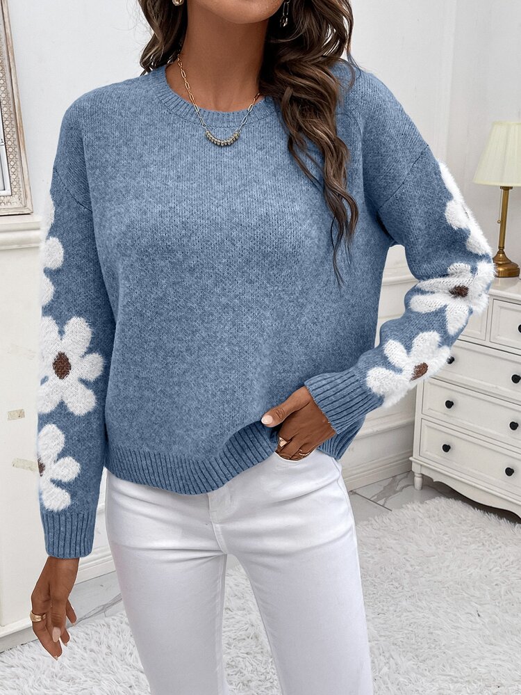 EMERY ROSE Casual Women's Sweater With Floral Pattern Knit Pullover Fall Winter Sweater - Dusty Blue - View 4