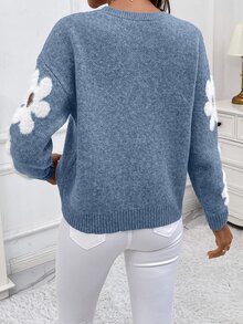 EMERY ROSE Casual Women's Sweater With Floral Pattern Knit Pullover Fall Winter Sweater - Dusty Blue - View 2