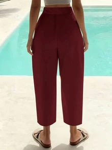 EMERY ROSE Women's Solid Color Pleated Pocket Casual Pants, Versatile For Daily Wear - Burgundy - View 2