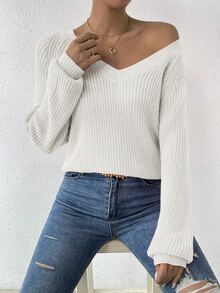 EMERY ROSE Solid Raglan Sleeve Ribbed Knit Sweater,Long Sleeve Tops Knit Pullover Fall Winter Sweater - White - View 7